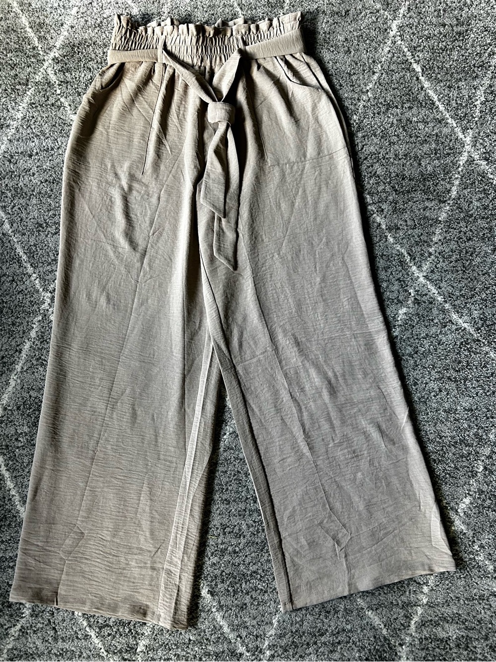Chiclily High Rise Wide Leg Pants Belted Elastic Waist Taupe New - Picture 5 of 8